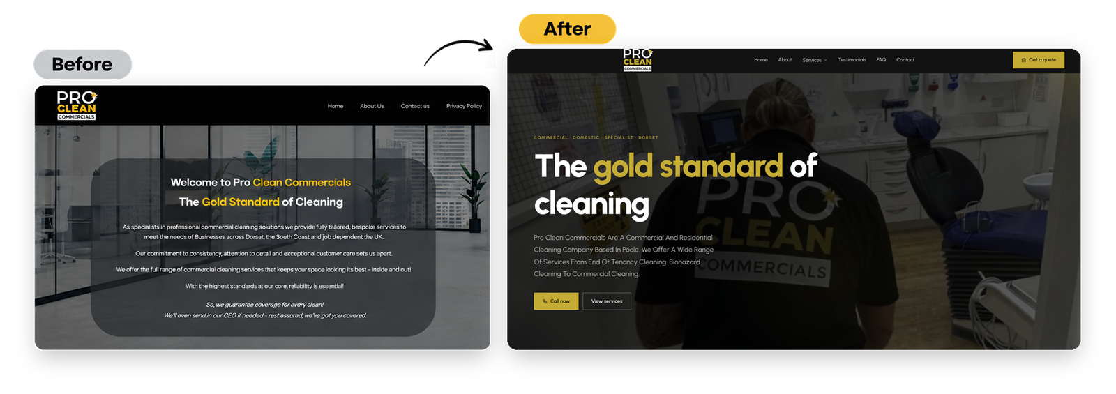 Pro Clean Commercials website before and after redesign